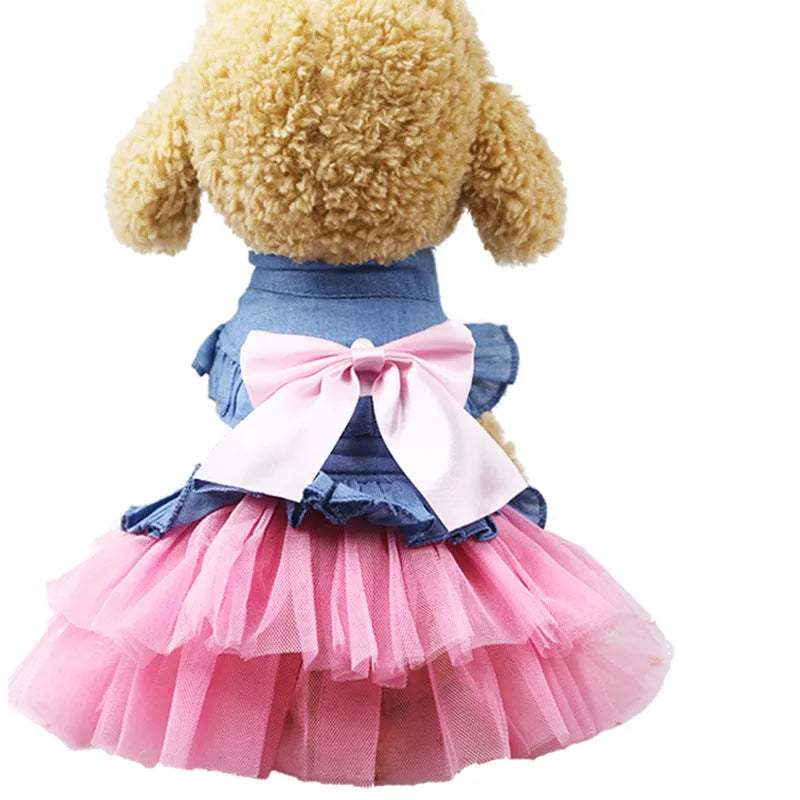 Korean version creative bow pet denim skirt in princess style for dogs, available in white or pink yarn