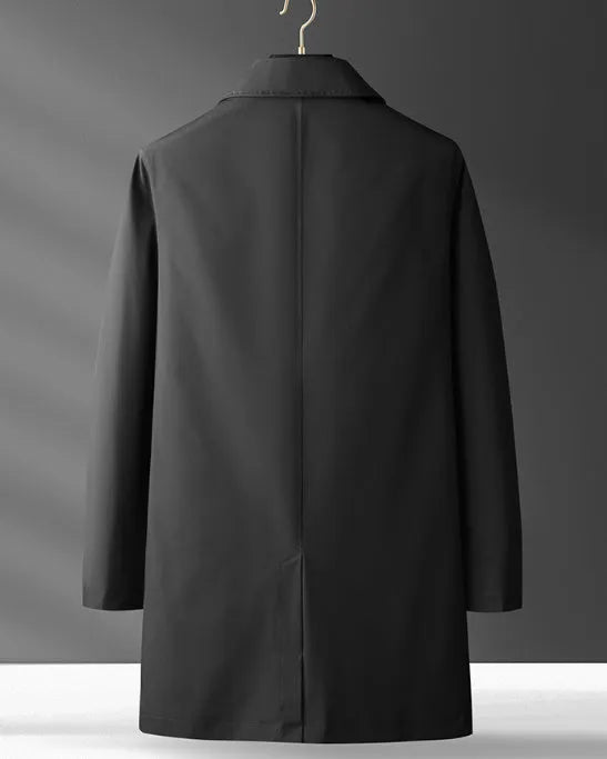 Men's lightweight Korean style trench coat in khaki, modal polyester blend, full-length casual overcoat front view