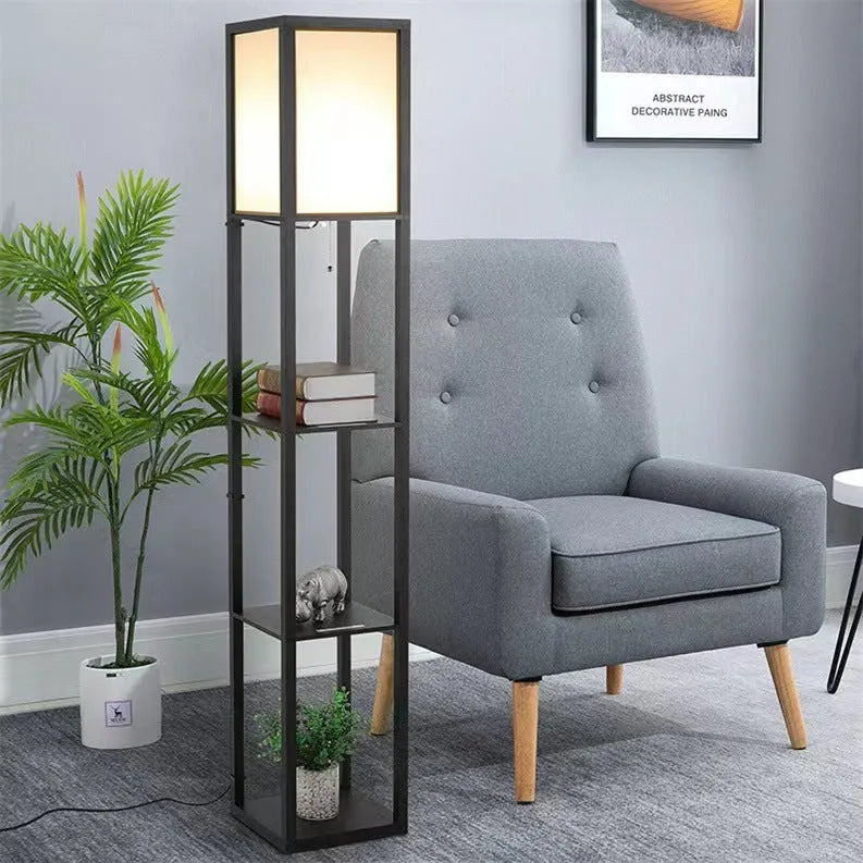 Black wooden floor lamp with fabric shade and charging shelf, D260xH1600mm, LED light