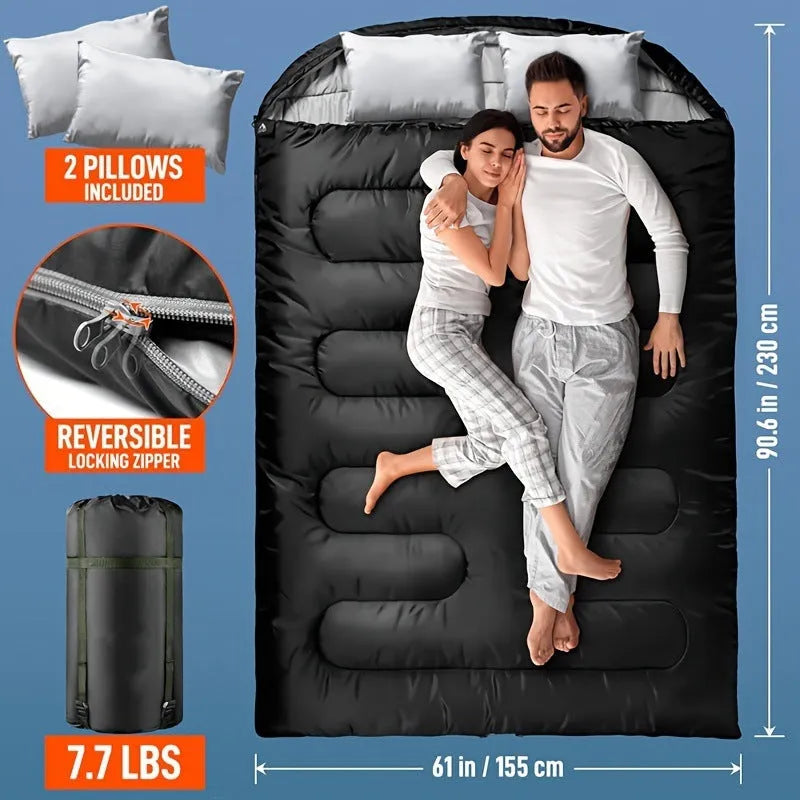 Portable double sleeping bag, 90.6in x 61in, polyester, seven-in-one, Black-double or Rhinestone Blue-double