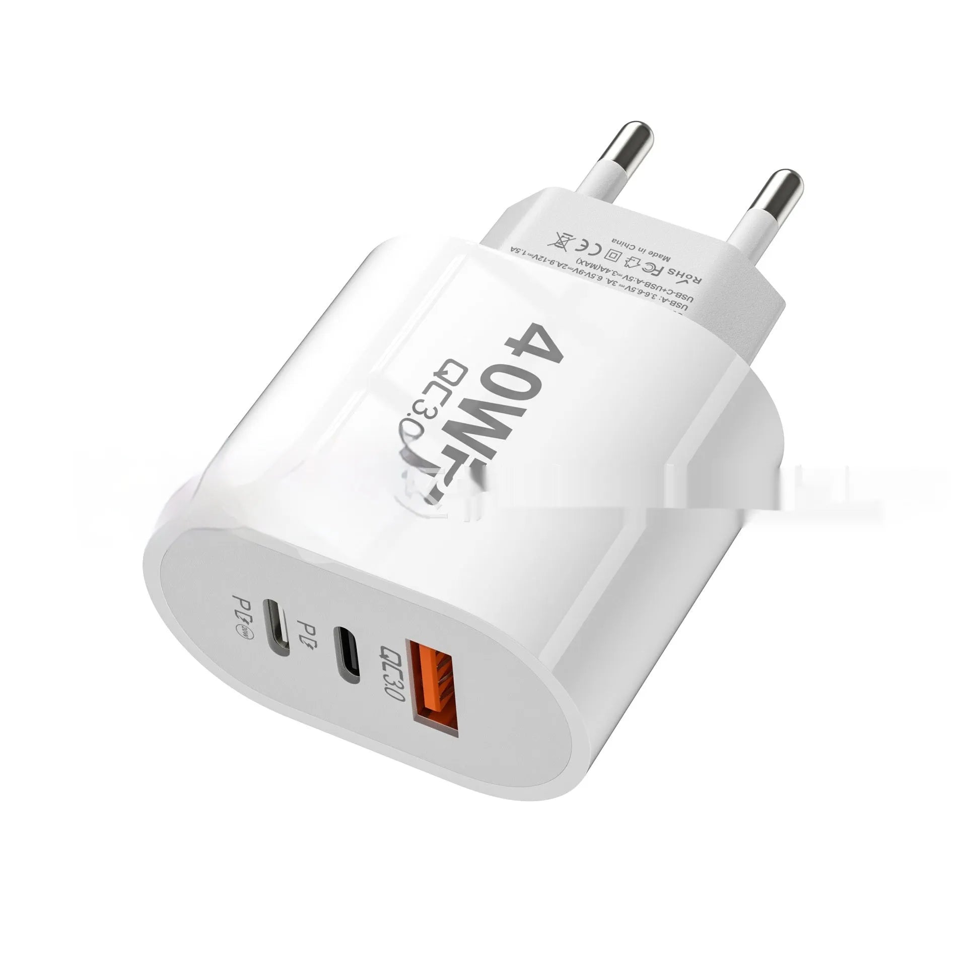 40W multi-port charger for Android mobile phone with EU and US plug options in black, white, and yellow