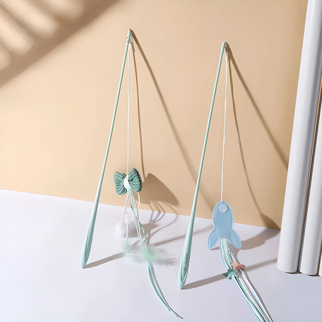 Blue cat teaser toy with feather attachments on long bite-resistant pole for interactive play