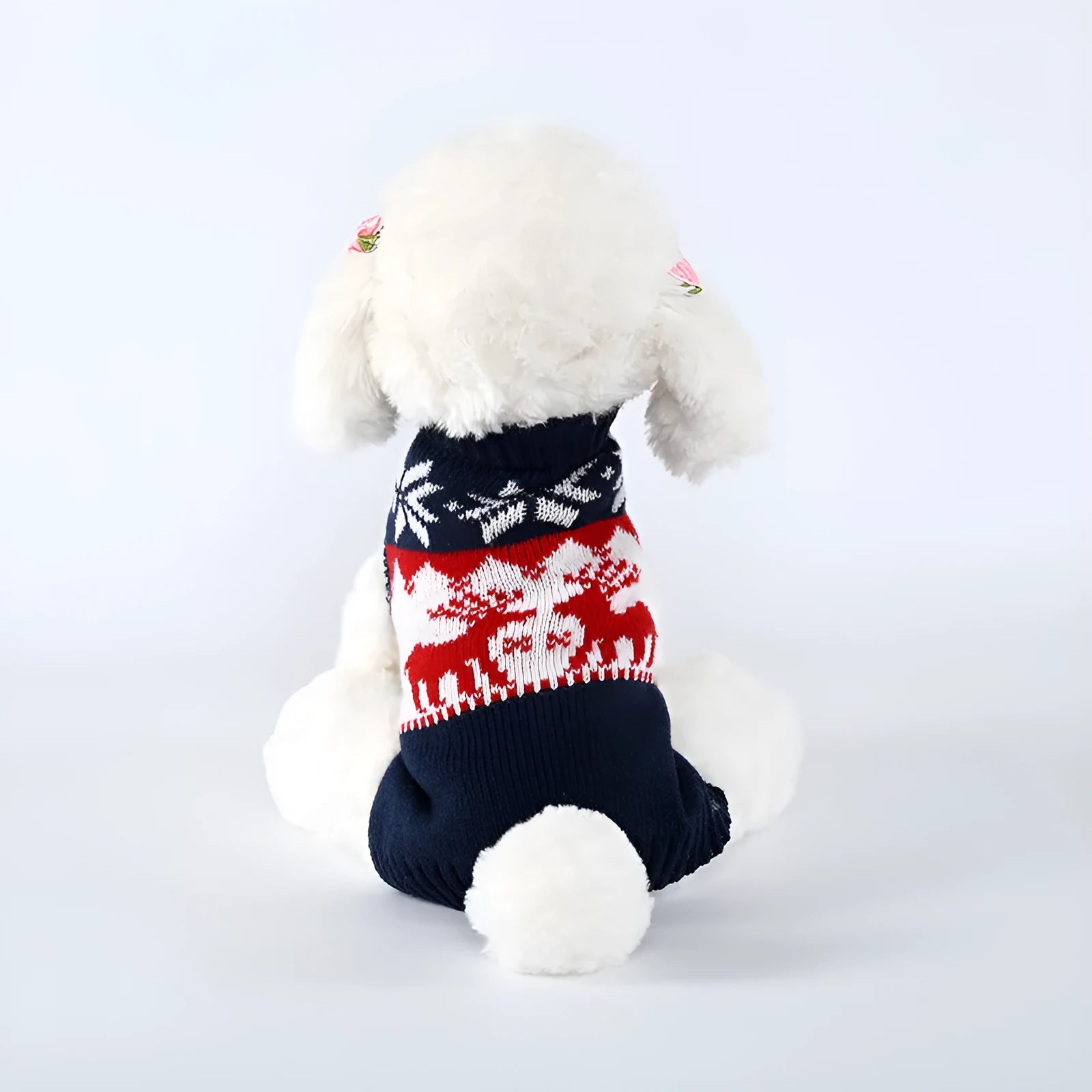 Navy blue knitted Christmas sweater for a dog, shown in a European American fitted style.