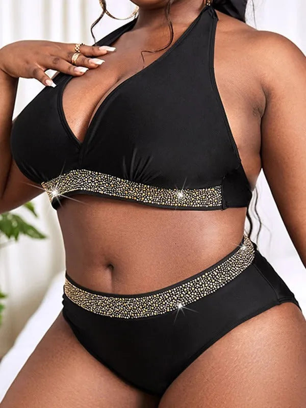 Black plus size women's bikini swimsuit set with bra and shorts, shown on a mannequin.
