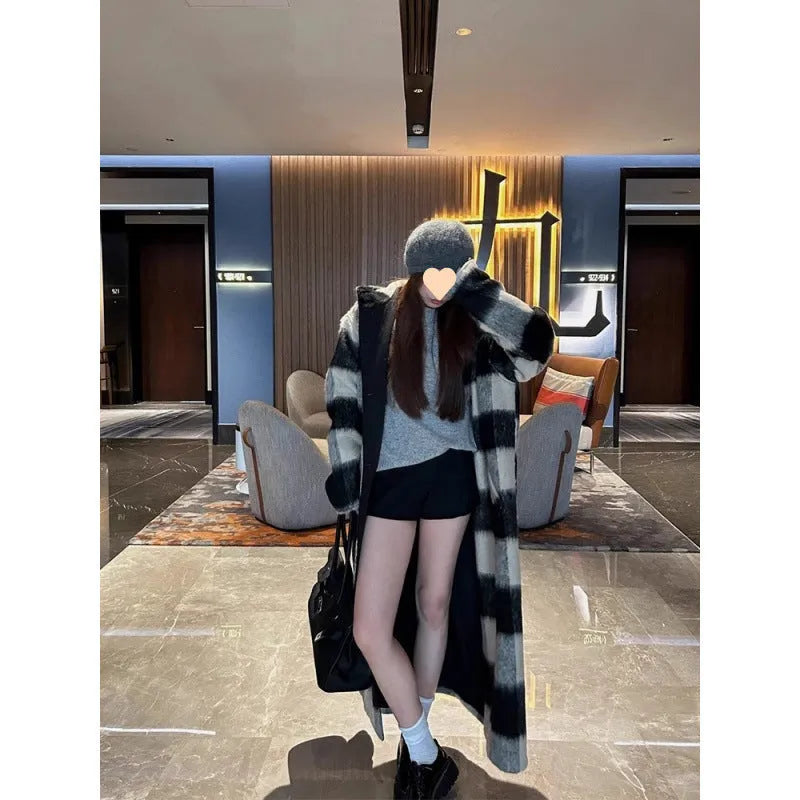 Beige black plaid mid-length loose fit women's woolen coat on hanger, size L to 4XL available