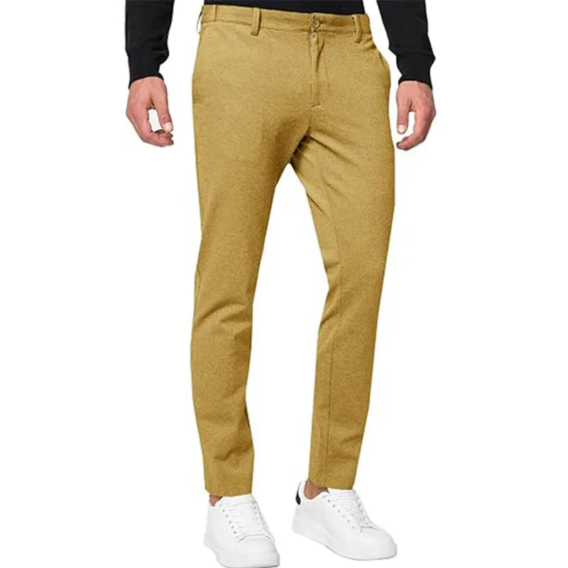 Men's slim-fit tapered chino trousers in cotton blend fabric with high elasticity