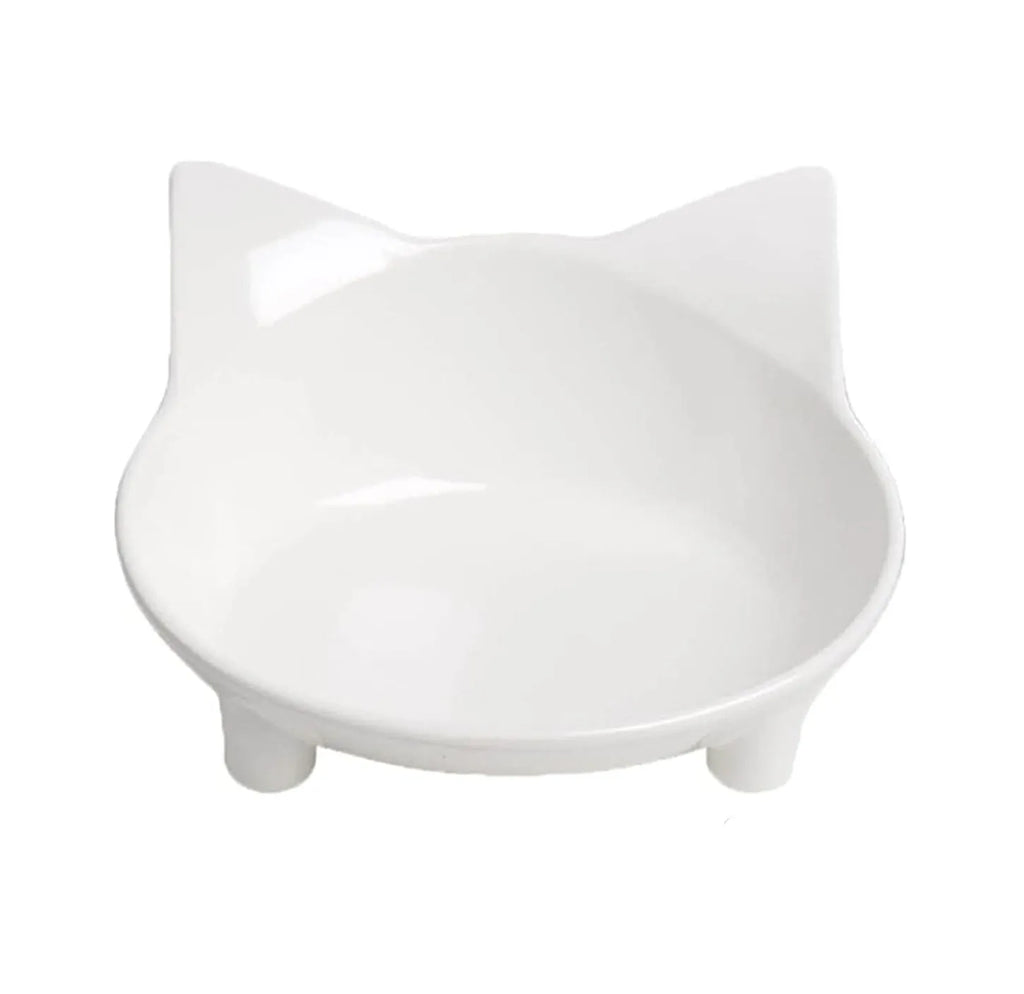 Shallow black melamine cat bowl with a wide rim and non-slip rubber base on a kitchen floor.
