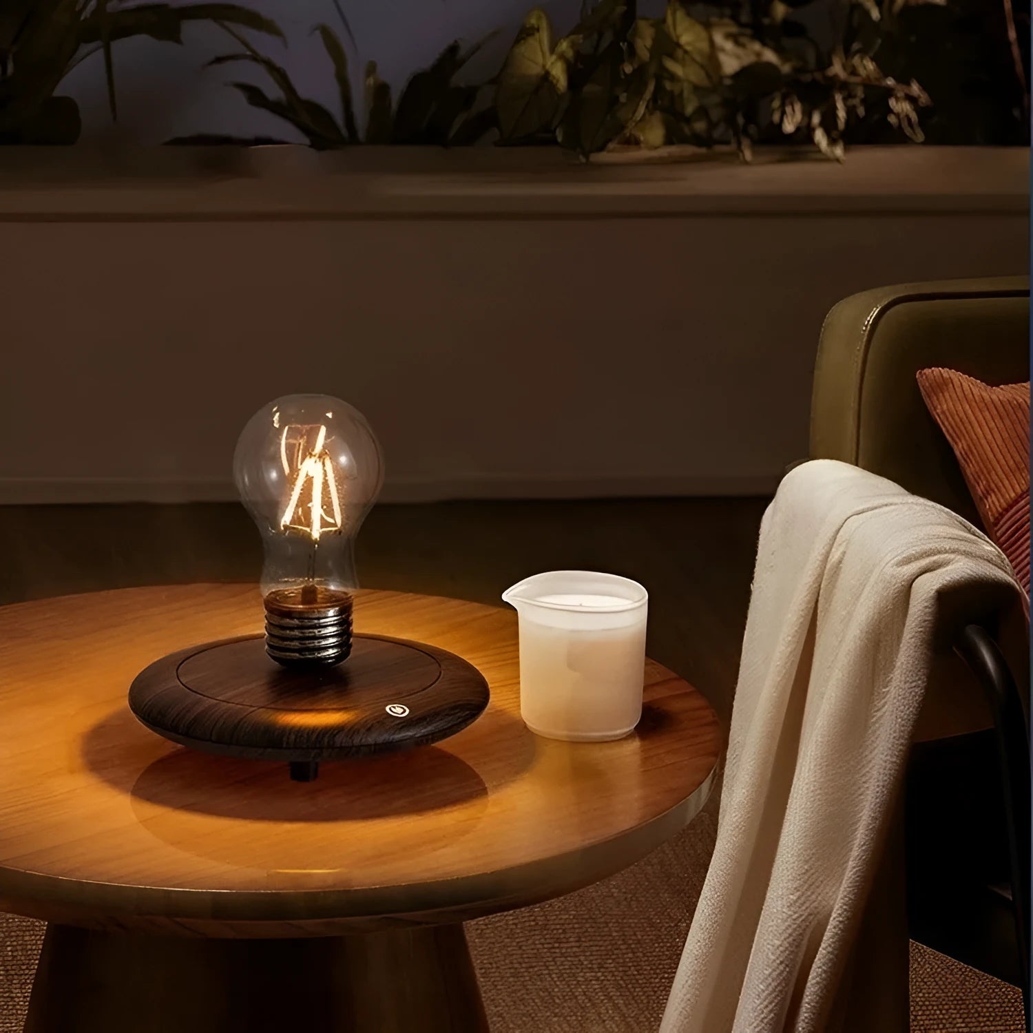 Iron art suspension bulb night lamp on a black wooden square base for desktop decoration.
