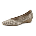 Women's pointed toe wedge pumps with mesh upper and low heel in leopard brown colour