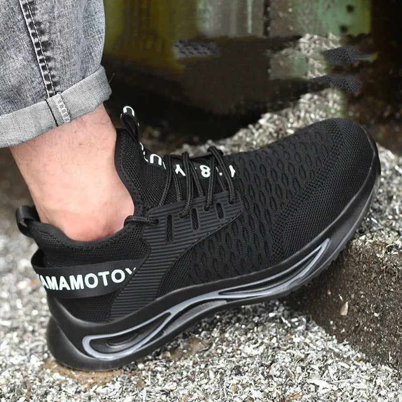 Black ultra-light steel toe anti-piercing work shoes with fly woven upper and low style, sizes 36-46