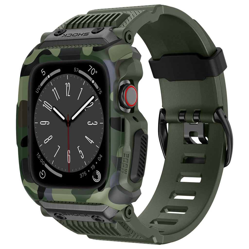 Camouflage TPU protective watch case with integrated strap for Apple Watch 42mm 44mm 45mm in black gray and green