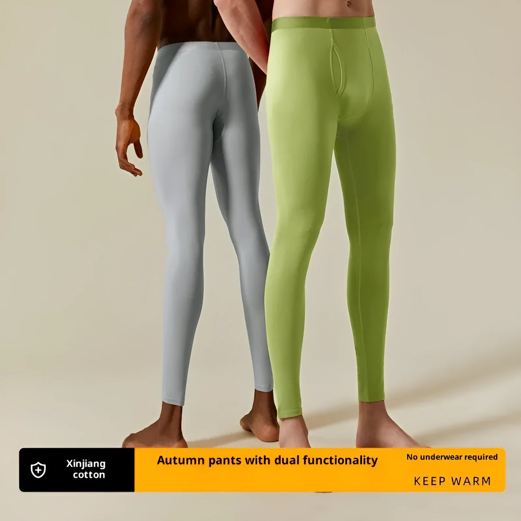 Men's seamless thermal cotton leggings in olive green, size L, flat lay showing smooth fabric and elastic waistband