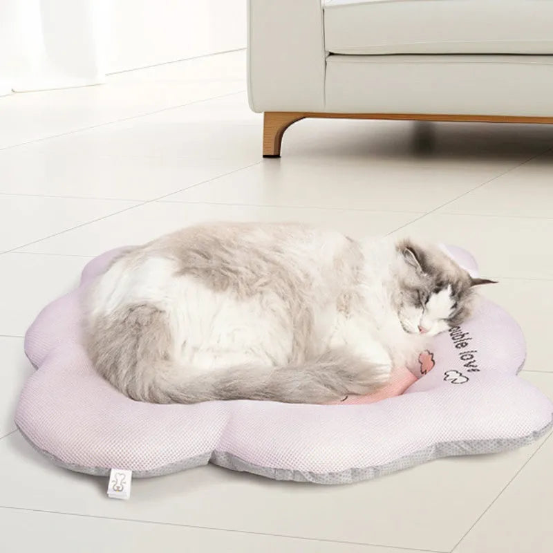 Green and pink ice silk pet cooling mat shown in four sizes for small to medium dogs and cats.