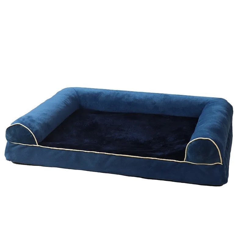 Square blue sponge dog bed with removable cloth cover shown beside a measuring tape indicating dimensions