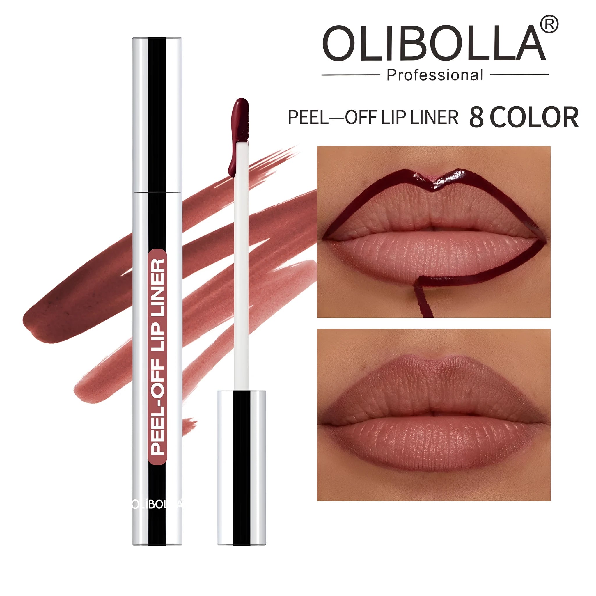 Slippery lip liner pencil in waterproof, smudge-proof formula with eight colour options A to H.
