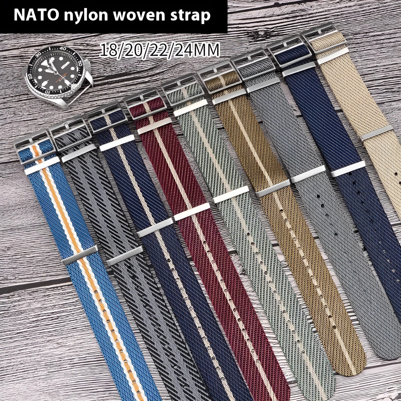 Nylon woven canvas watch strap with silver buckle in retro ethnic style, blue and white colour variant
