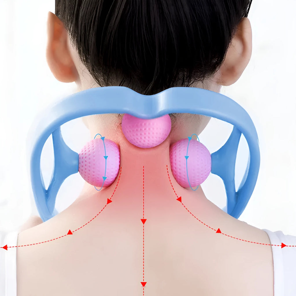Three-ball manual cervical spine massager for head, neck, legs and feet in pink and light blue
