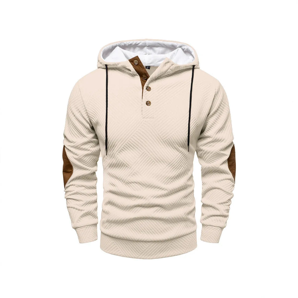 Men's loose hooded pullover sweatshirt in white, dark blue, apricot, dark gray, or black, sizes S to 3XL.