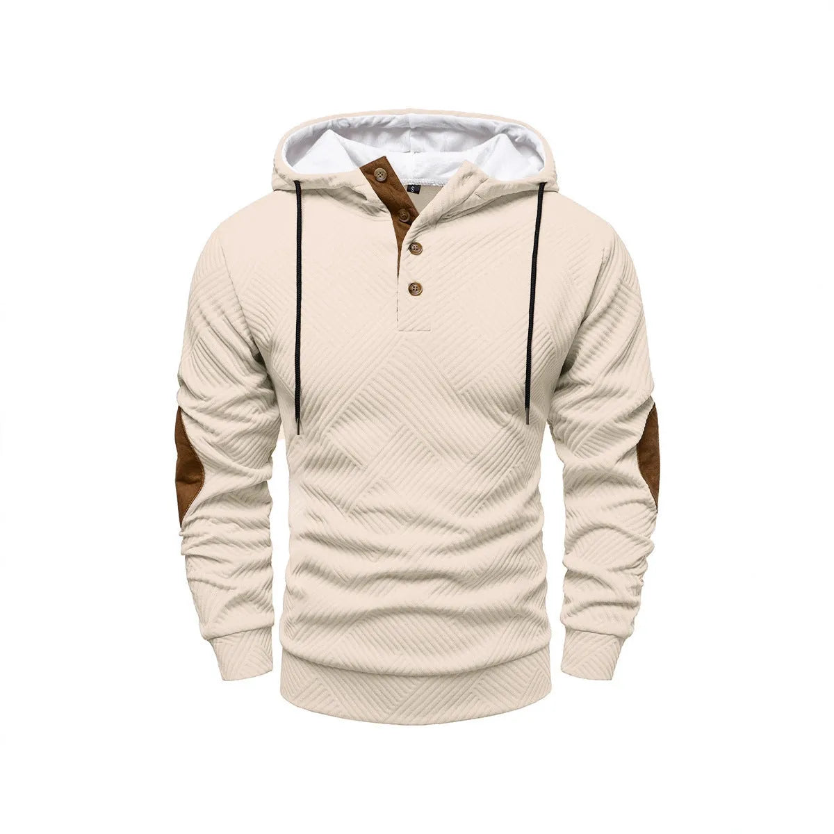 Men's loose hooded pullover sweatshirt in white, dark blue, apricot, dark gray, or black, sizes S to 3XL.