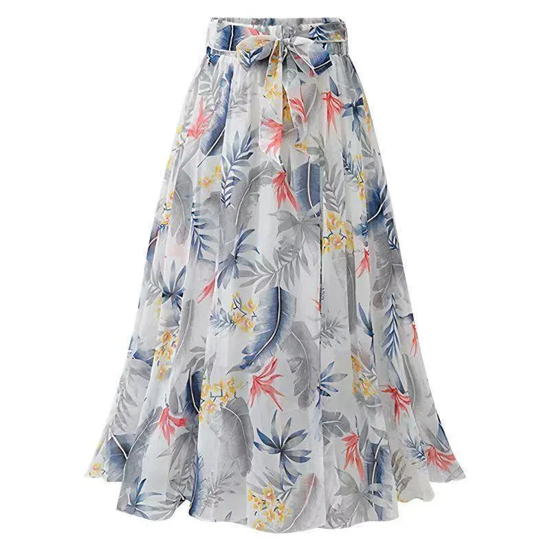 Women's high waist chiffon A-line skirt in navy, pink, or white, sizes M to 4XL, polyester colour-block design.