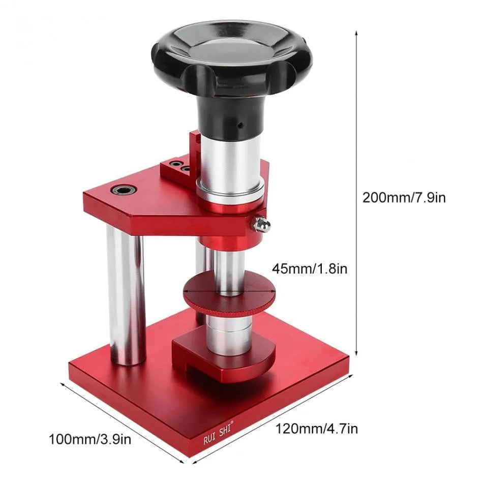 Watch repair spiral cap presser device with set of 20 plastic moulds for watch back covers