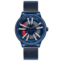 Men's creative cool rotating wheel quartz watch with 44mm dial, mineral glass, and alloy case on a blue mesh strap