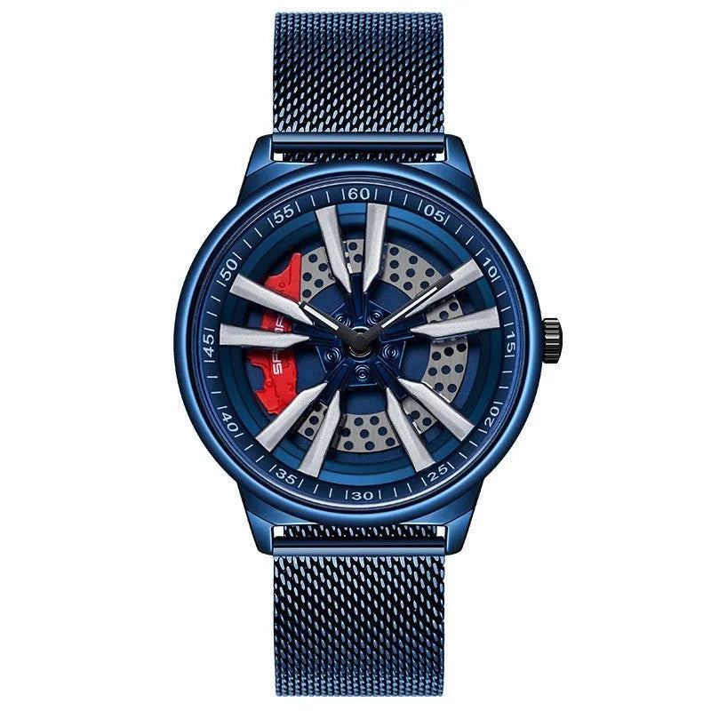Men's creative cool rotating wheel quartz watch with 44mm dial, mineral glass, and alloy case on a blue mesh strap