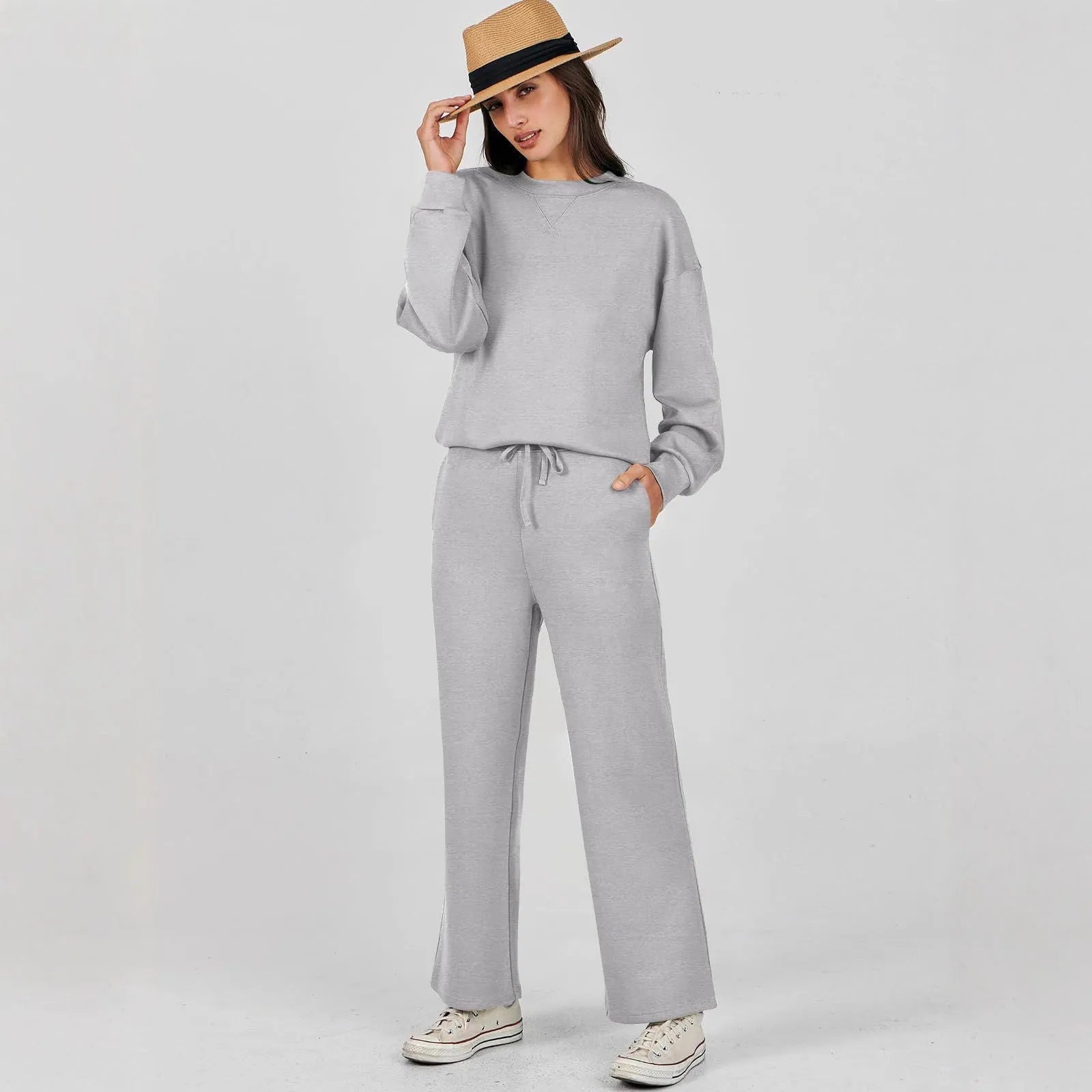 Women's colour block long sleeve sweater suit with trousers in street hipster European and American style