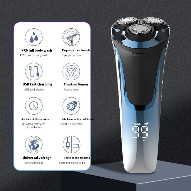 Floating 4D three cutter head rechargeable electric shaver with digital display in gun colour on white background