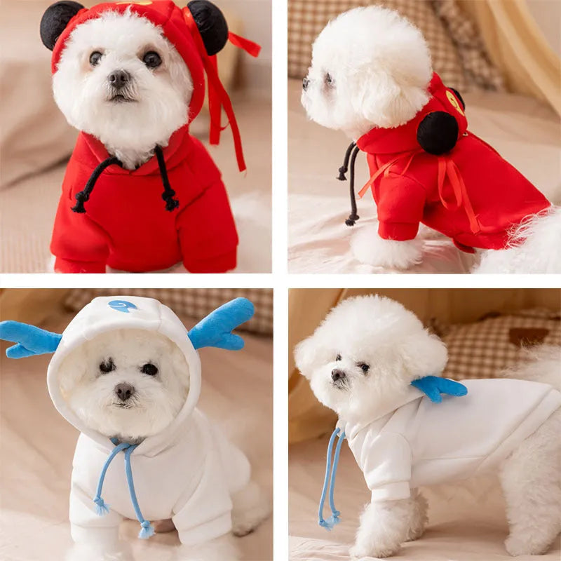Pet hoodie costume for cats and dogs, Nezha style red or Obing style white, with themed decorations, warm soft fabric