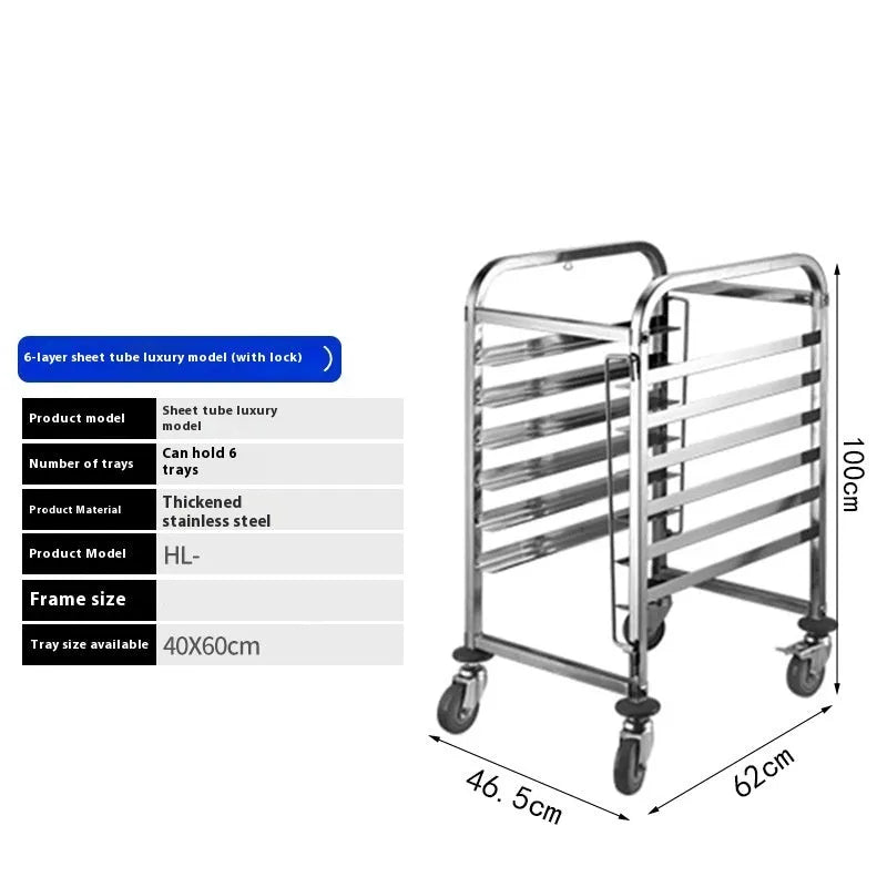 Six-tier stainless steel baking tray rack with 40x60cm trays and a locking mechanism.