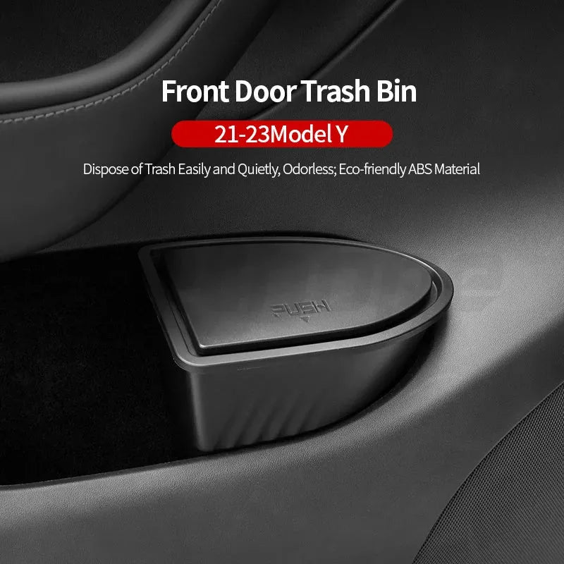 Two black ABS plastic storage bins designed for Tesla Model Y front door pockets.