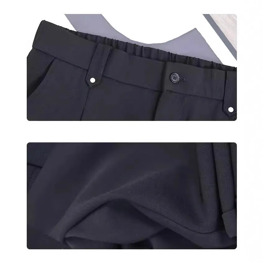 Men's solid colour straight leg trousers in khaki, button fly, mid-waist, polyester blend fabric on a white background