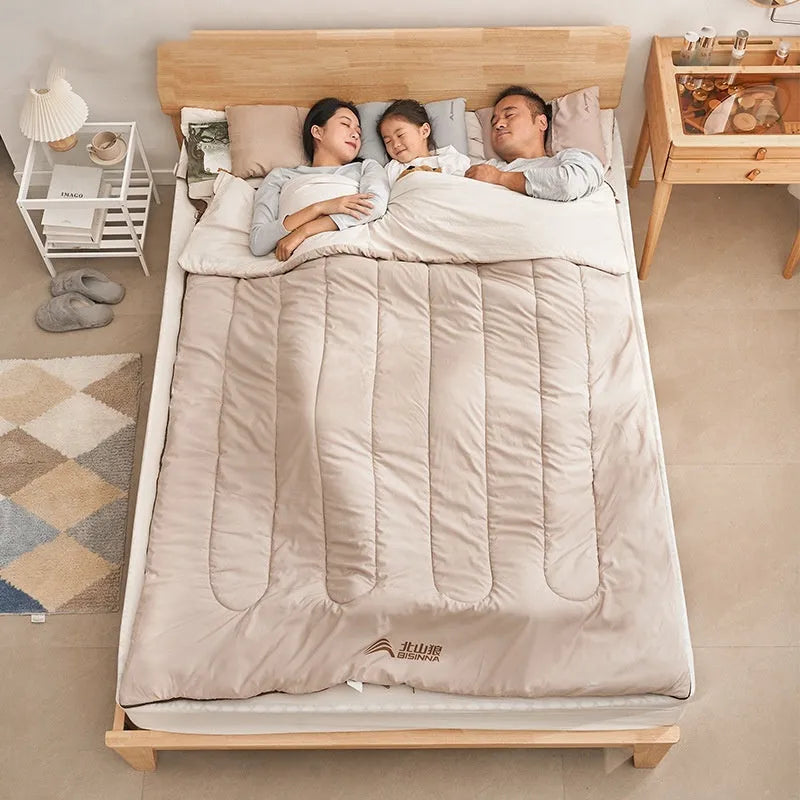 Double camping sleeping bag in coffee gray with thickened chemical fibre filling and envelope style, 210T polyester outer and washed cotton lining