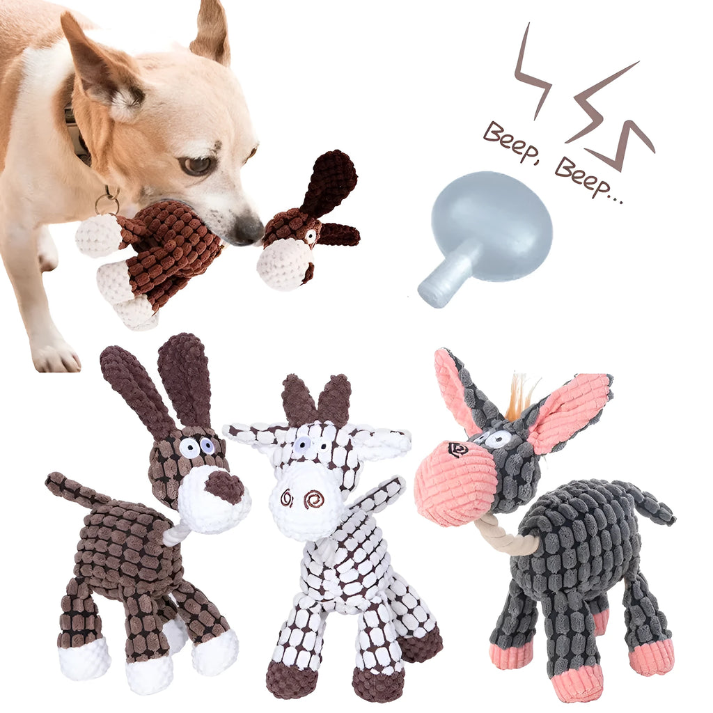 Plush donkey squeaky chew toy for dogs, soft corduroy fabric, available in white brown grey