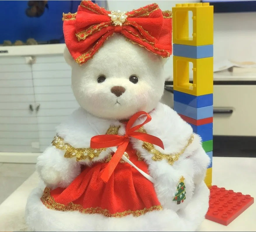 30cm Momo bear plush doll wearing a red plaid dress Christmas costume set with cloak