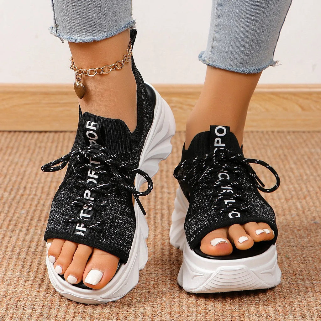 Women's hollowed-out mid heel mesh platform sandals in beige, front lace-up, round toe