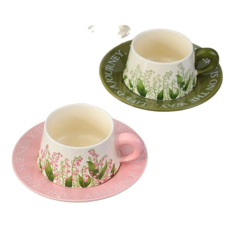 Ceramic coffee cup and saucer set for two people with stirring spoons in Campanula or Lanling Grass designs