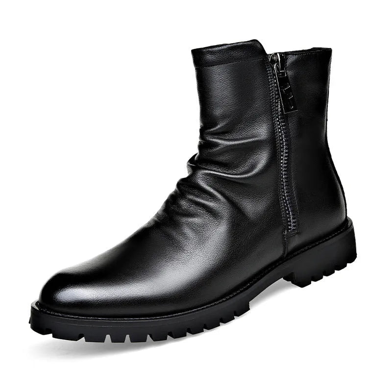 Men's black high-top leather Martin boots with side zipper, two-layer cowhide upper, and artificial wool lining.