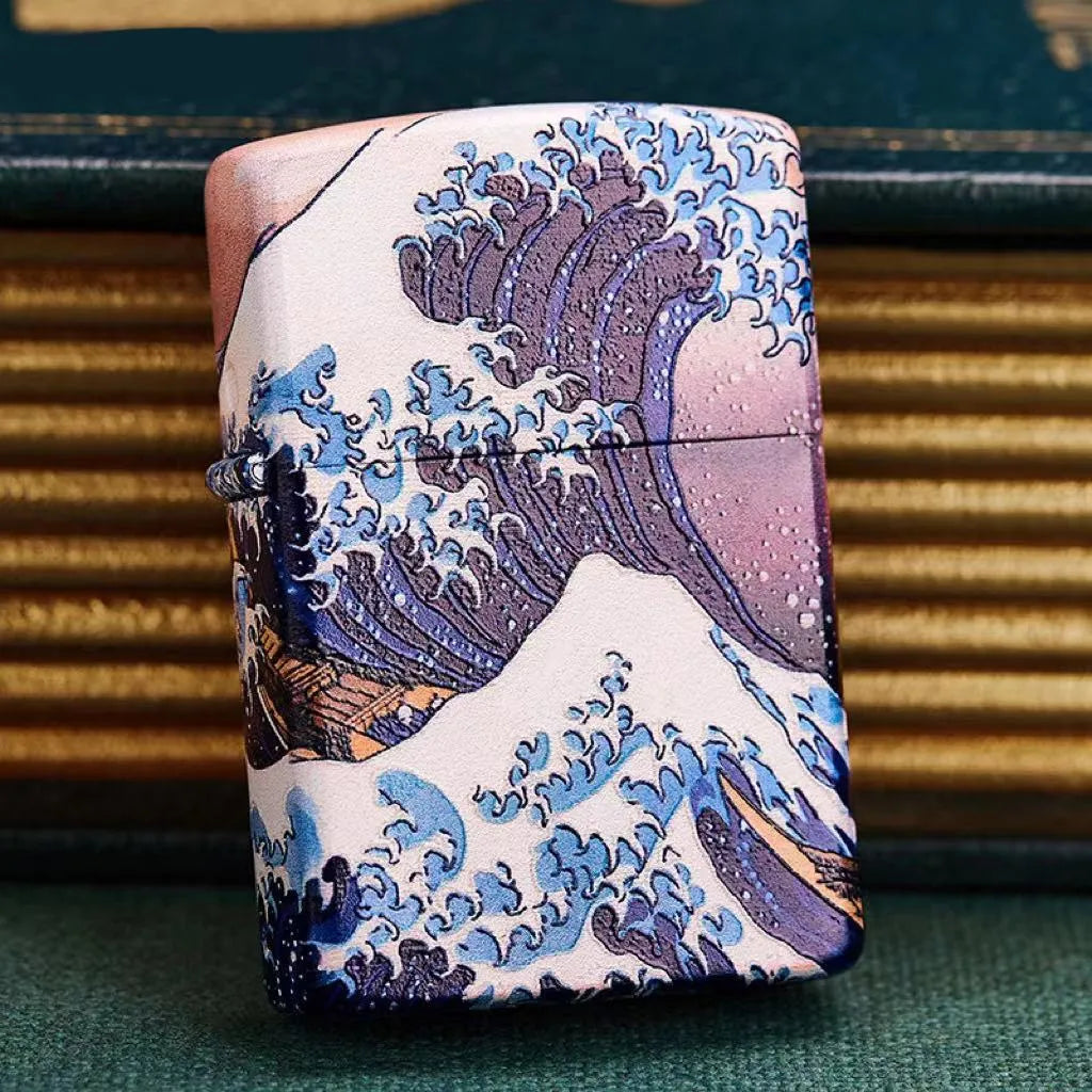 Coloured lacquer windproof lighter with Kanagawa surf design on copper housing, 58x39x13mm