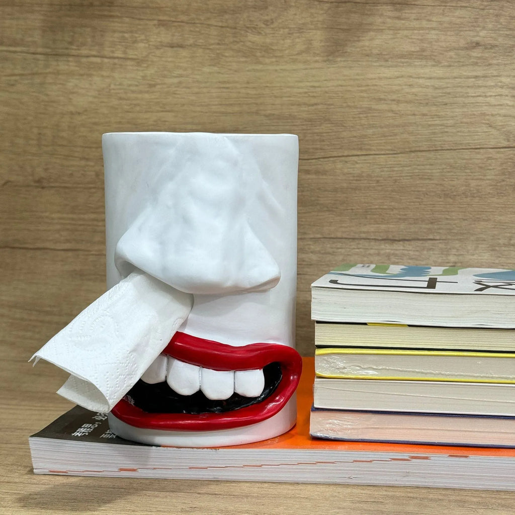 Decorative resin tissue box holder with American-style design on a desktop