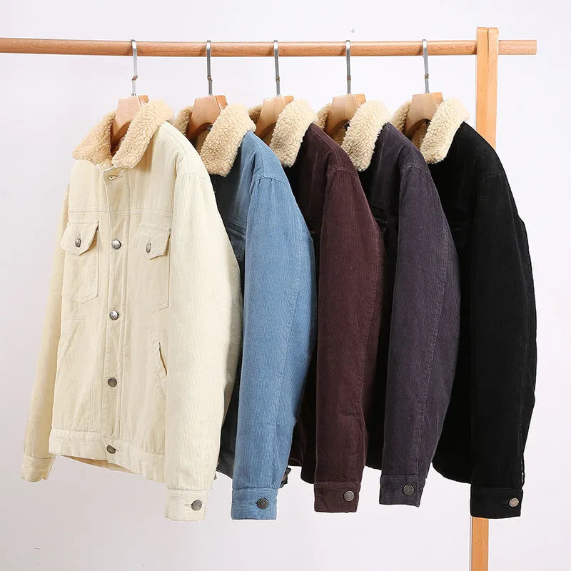 Men's corduroy workwear jacket with retro lapels, thickened cotton-padded, imitation lamb wool, in five colours