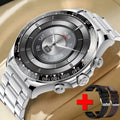 Round screen smart watch EX108 with black silicone band showing time display on IPS touch screen