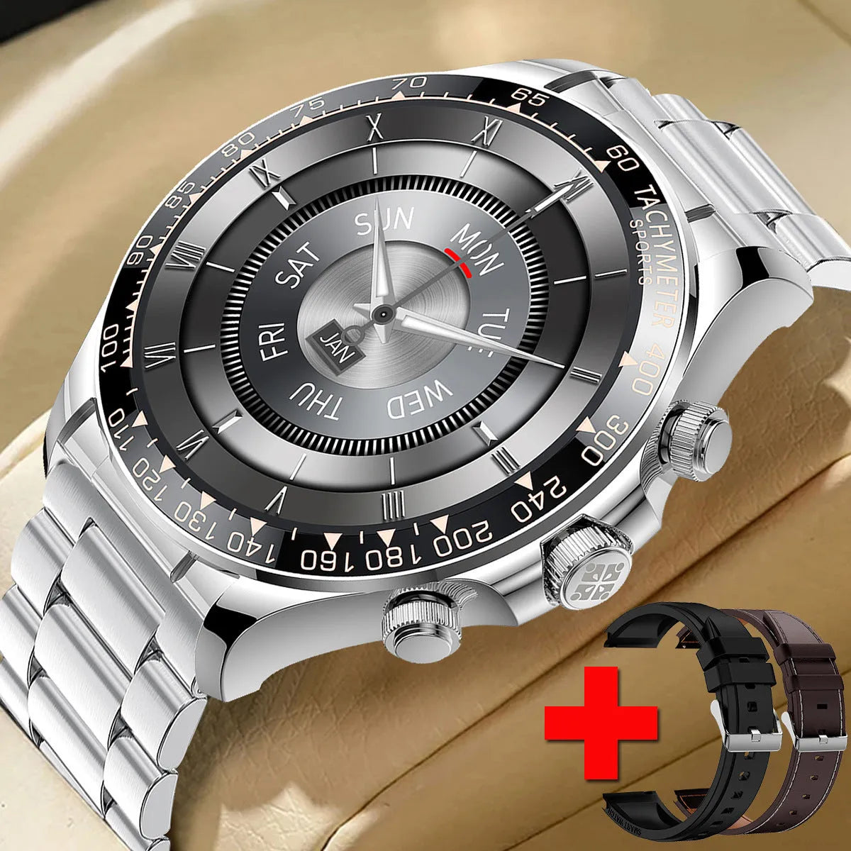 Round screen smart watch EX108 with black silicone band showing time display on IPS touch screen