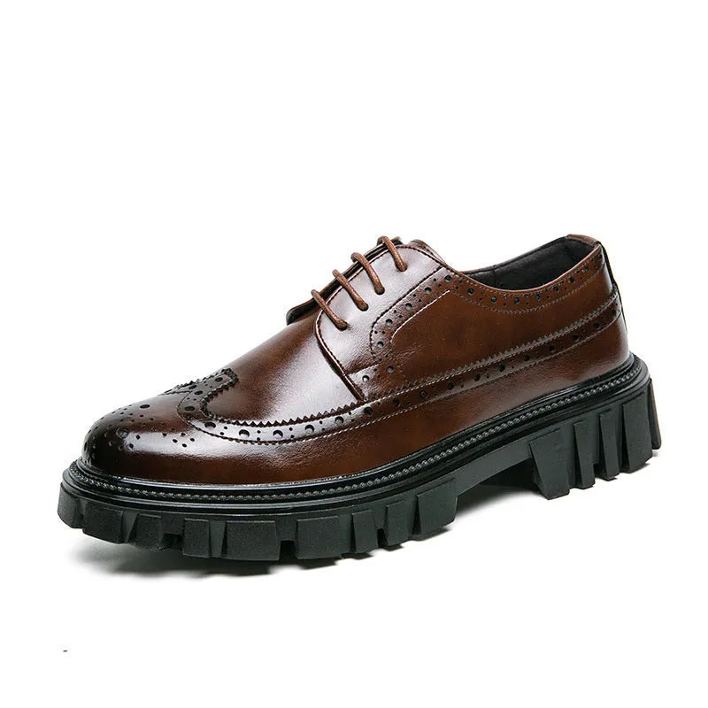 Men's black artificial PU brogue shoes with round toe and decorative perforations on a white background.