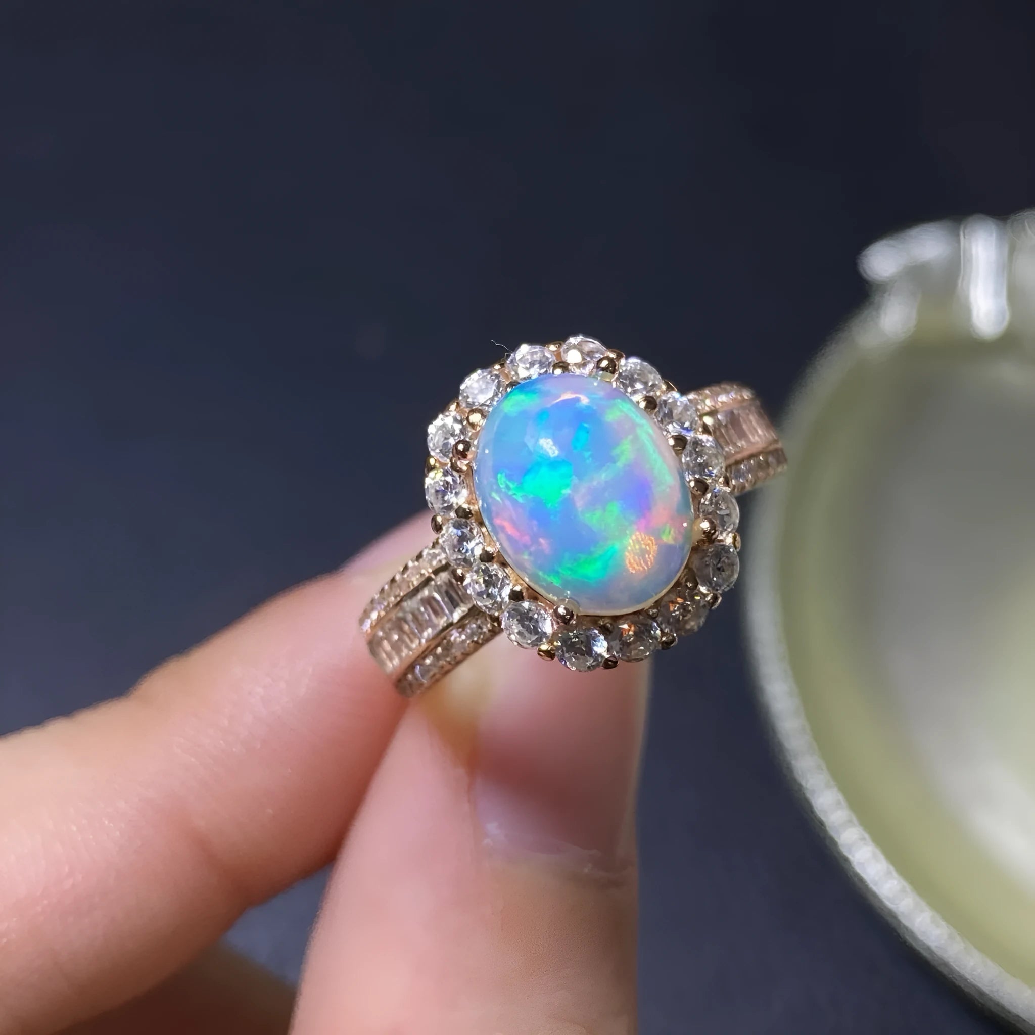 Pure natural opal handmade sterling silver adjustable ring showing rose gold finish and opening design