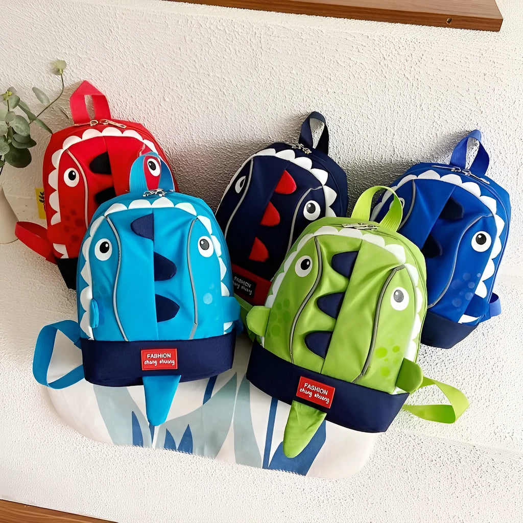 Children's small dinosaur backpack in Oxford cloth, red colour, with zipper and double straps