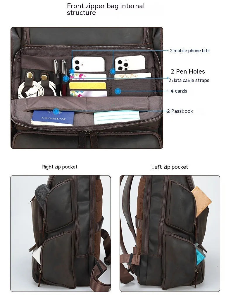 Dark brown genuine leather men's backpack open to show 17-inch laptop compartment and internal organiser pockets.