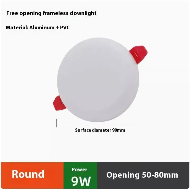 Ultra-thin circular and square aluminium LED panel ceiling lights showing white light.