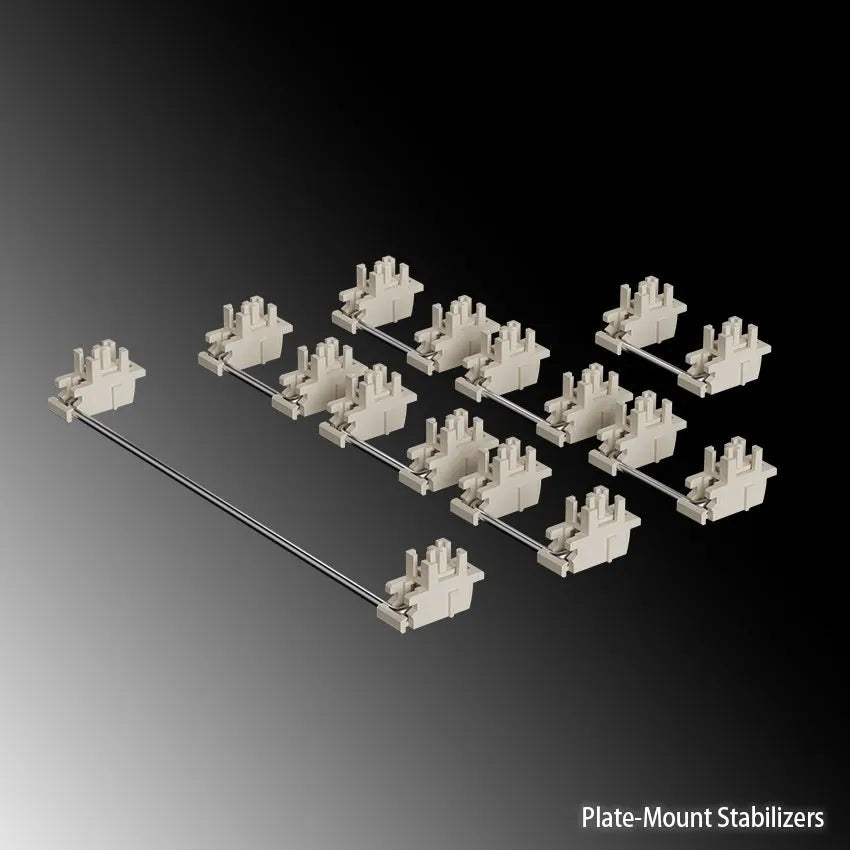 Keyboard stabiliser shaft accessories in black and white with 6.25U and 7U spacebar options